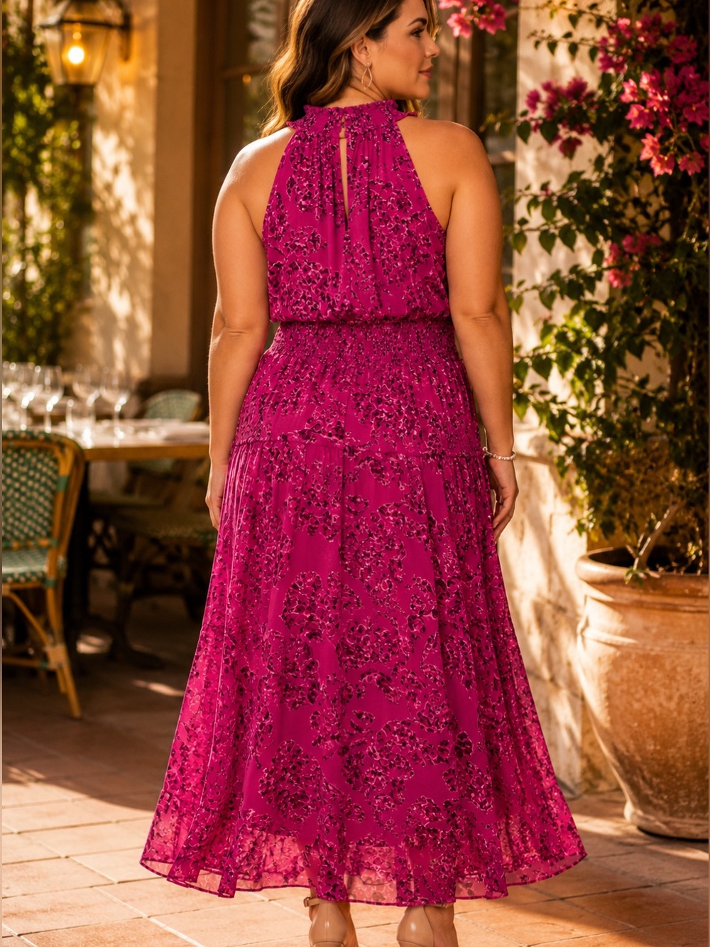 White House Black Market Pink Floral Halter Maxi Dress Size 10 Smocked Waist - Picture 2 of 12